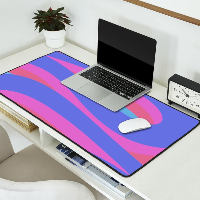 Pop Swirl Wavy Minimalist Abstract Pattern Blue and Hot Pink Desk Mat Gallery Image 2