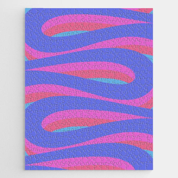 Pop Swirl Wavy Minimalist Abstract Pattern Blue and Hot Pink Jigsaw Puzzle Gallery Image 1