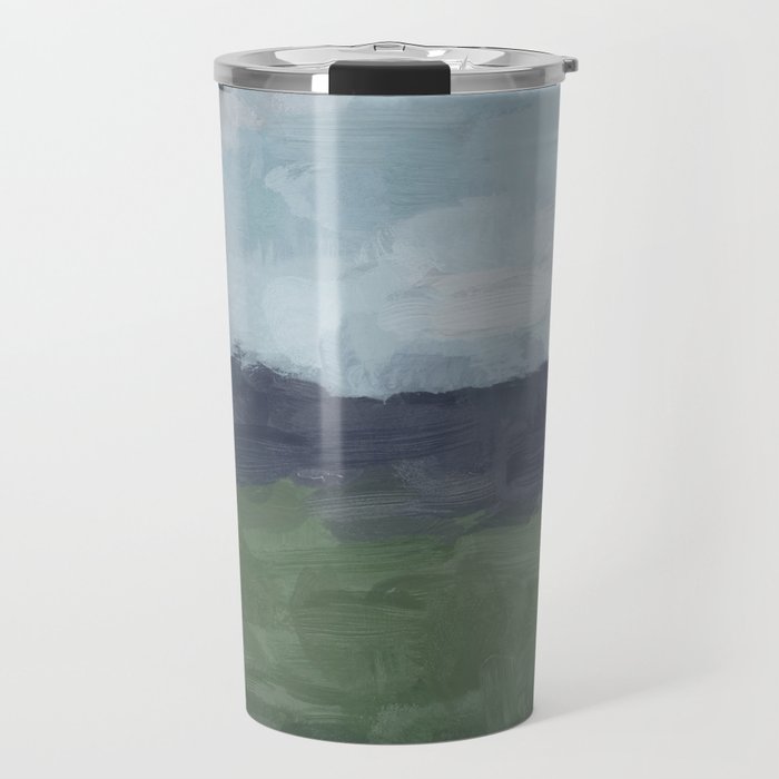 Driving to the Valley - Rainy Blue Skies Navy Indigo Horizon Green Grass Abstract Nature Farmhouse Travel Mug Gallery Image 1