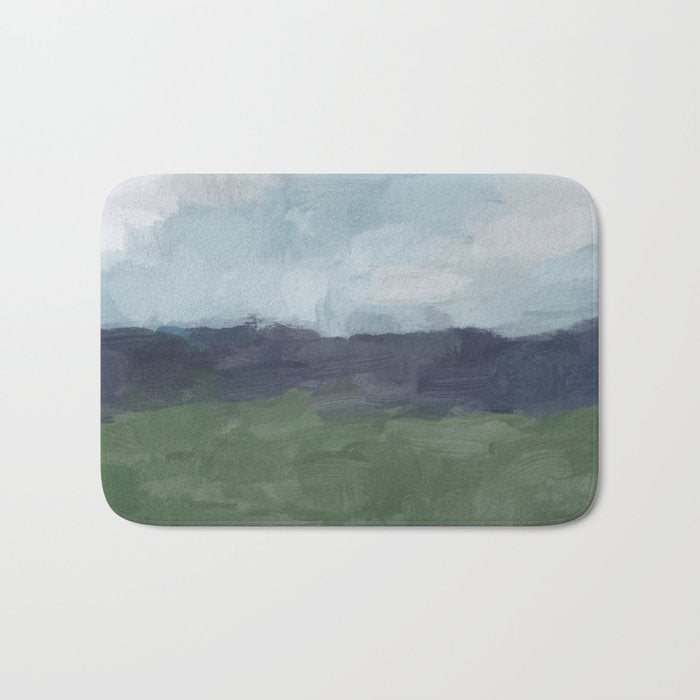 Driving to the Valley - Rainy Blue Skies Navy Indigo Horizon Green Grass Abstract Nature Farmhouse Bath Mat Gallery Image 1