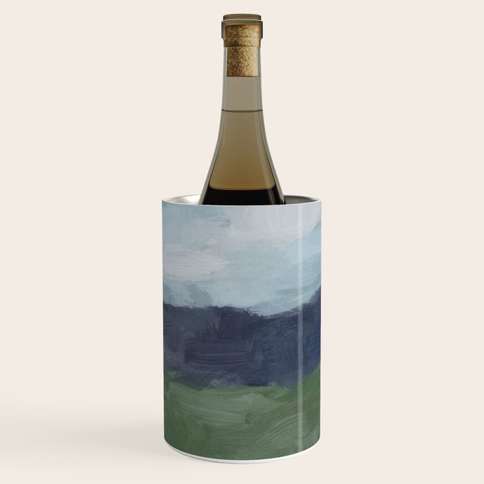 Driving to the Valley - Rainy Blue Skies Navy Indigo Horizon Green Grass Abstract Nature Farmhouse Wine Chiller Gallery Image 3