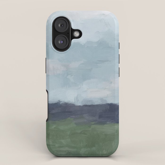 Driving to the Valley - Rainy Blue Skies Navy Indigo Horizon Green Grass Abstract Nature Farmhouse iPhone Case Gallery Image 1