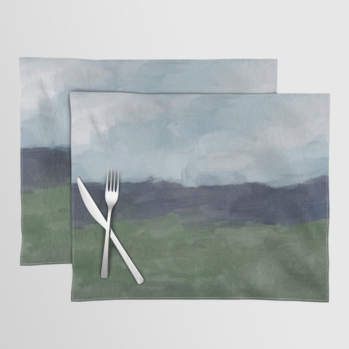 Driving to the Valley - Rainy Blue Skies Navy Indigo Horizon Green Grass Abstract Nature Farmhouse Placemat Gallery Image 1