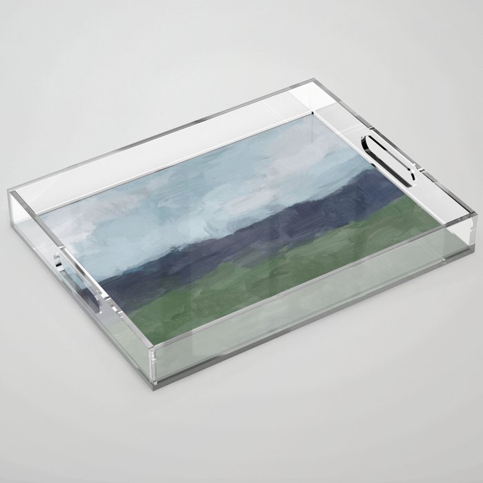 Driving to the Valley - Rainy Blue Skies Navy Indigo Horizon Green Grass Abstract Nature Farmhouse Acrylic Tray Gallery Image 1