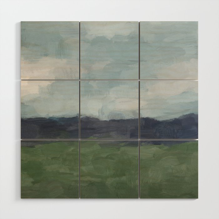 Driving to the Valley - Rainy Blue Skies Navy Indigo Horizon Green Grass Abstract Nature Farmhouse Wood Wall Art Gallery Image 1