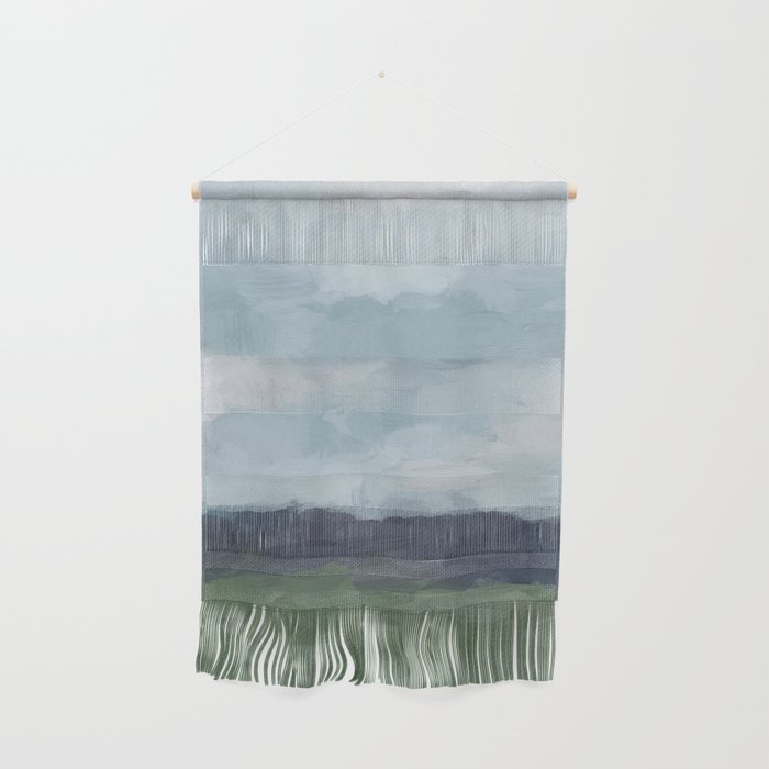 Driving to the Valley - Rainy Blue Skies Navy Indigo Horizon Green Grass Abstract Nature Farmhouse Wall Hanging Gallery Image 1