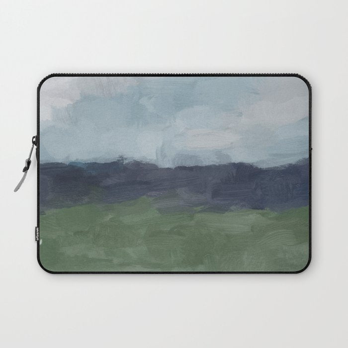 Driving to the Valley - Rainy Blue Skies Navy Indigo Horizon Green Grass Abstract Nature Farmhouse Laptop Sleeve Gallery Image 1