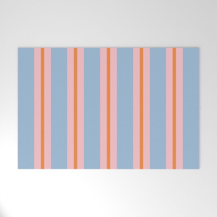 Cute Basic Stripes Light Blue Orange Pink Welcome Mat Gallery Image 1