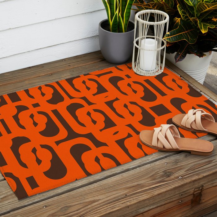 Mid Century Modern Loops Retro 70s Dark Brown and Orange Pattern Outdoor Rug Gallery Image 2