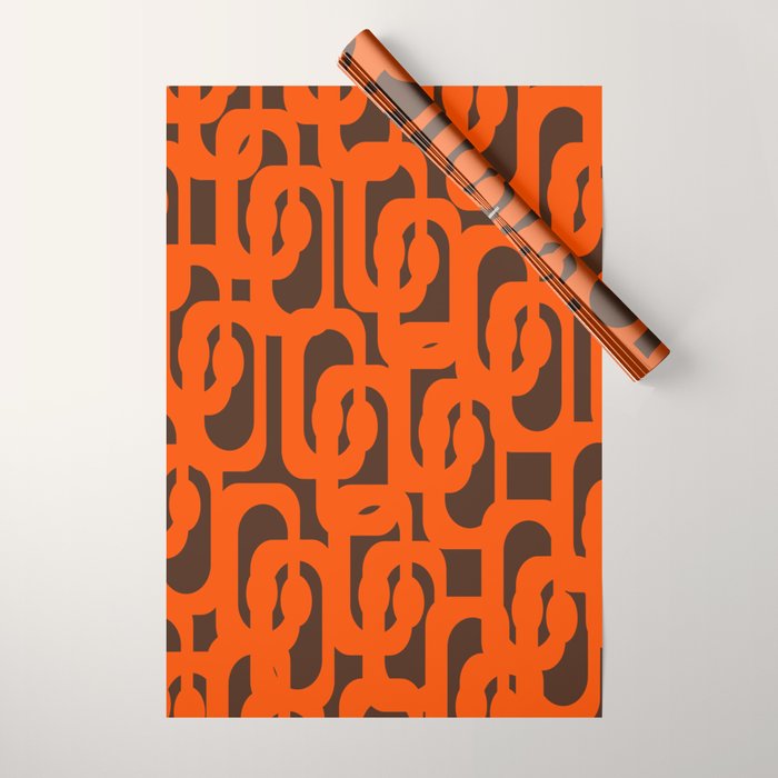 Mid Century Modern Loops Retro 70s Dark Brown and Orange Pattern Wrapping Paper Gallery Image 1