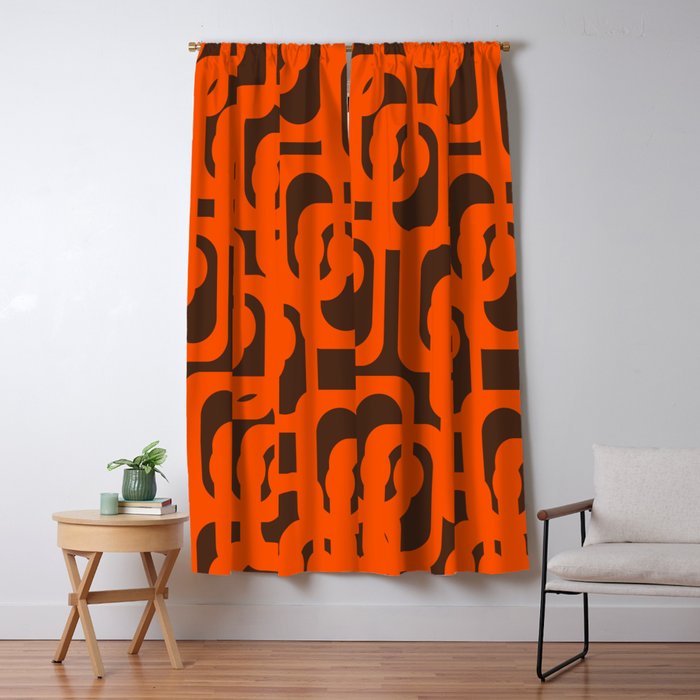 Mid Century Modern Loops Retro 70s Dark Brown and Orange Pattern Window Curtain Gallery Image 1