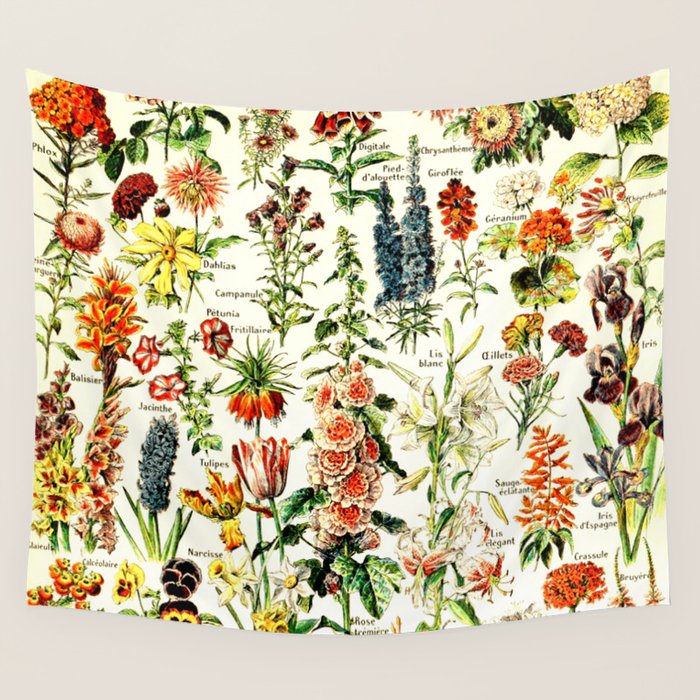 French Vintage Flowers Chart Adolphe Millot Fleurs Larousse Pour Tous Funky Cozy Boho Maximalist Wall Tapestry Gallery Image 4
