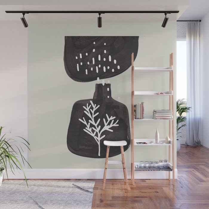 Mid Century Minimalist Black Ink Tribal Vase Abstract Vase Shapes Floral Plant Wall Mural Gallery Image 1