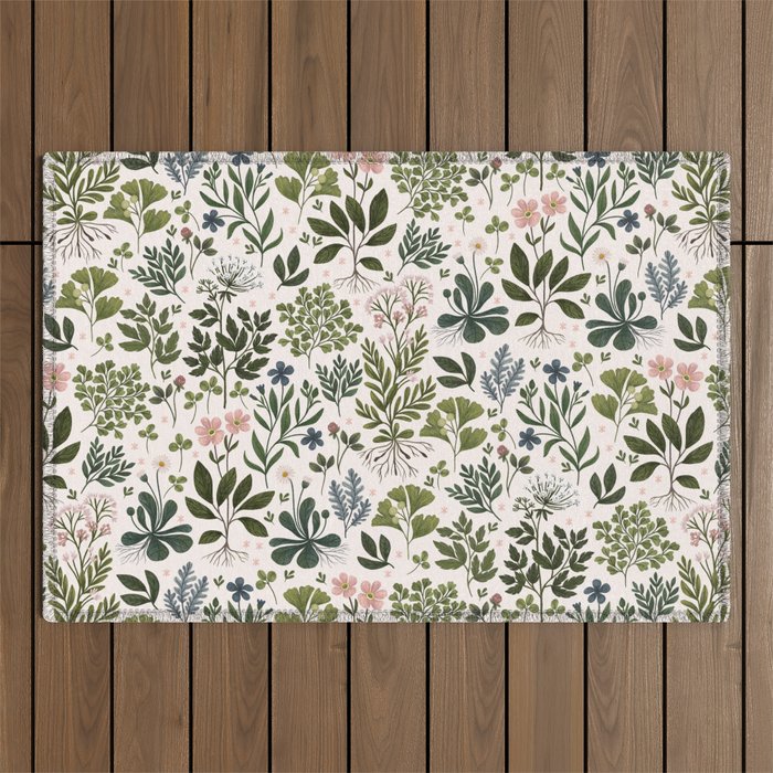 Herbarium ~ vintage inspired botanical art print ~ white Outdoor Rug Gallery Image 1