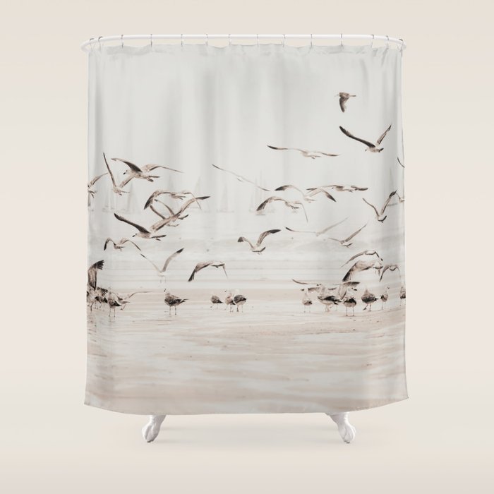 Sail Boats and Seagulls - Beach - Ocean Travel photography Shower Curtain Gallery Image 1