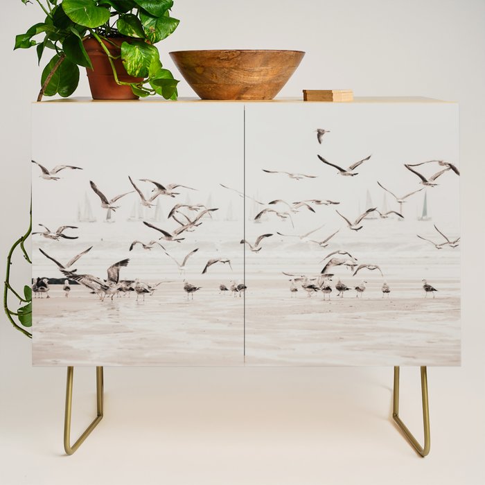 Sail Boats and Seagulls - Beach - Ocean Travel photography Credenza Gallery Image 1