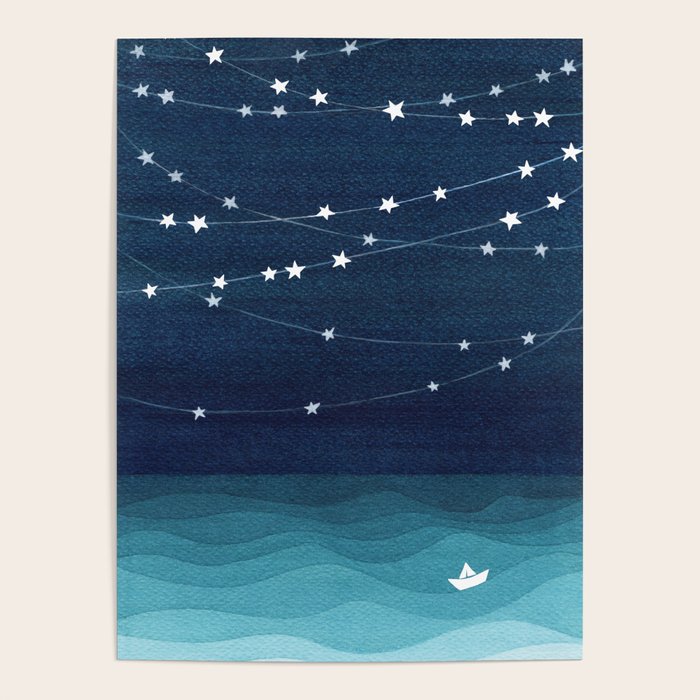 Garlands of stars, watercolor teal ocean Poster Gallery Image 1