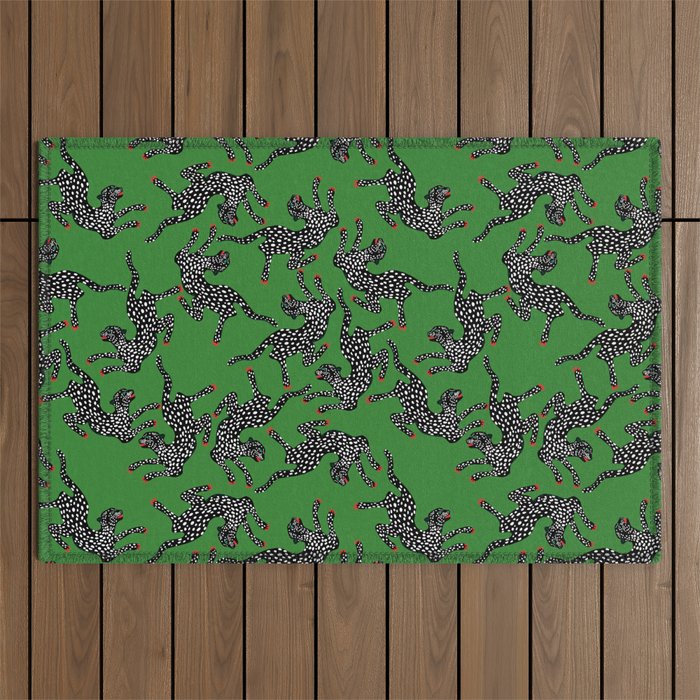 Leopards pattern art print on green background Outdoor Rug Gallery Image 1