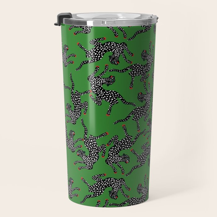 Leopards pattern art print on green background Travel Mug Gallery Image 3