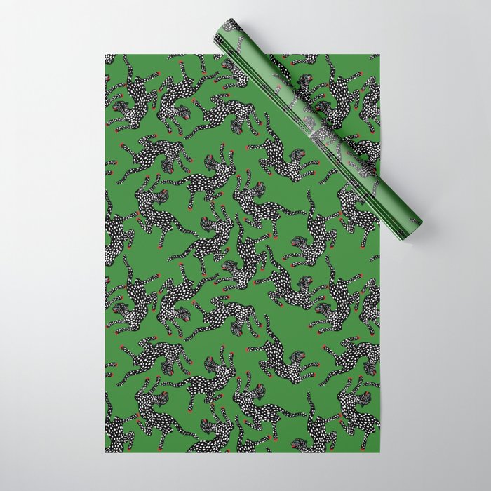 Leopards pattern art print on green background Wrapping Paper Gallery Image 1
