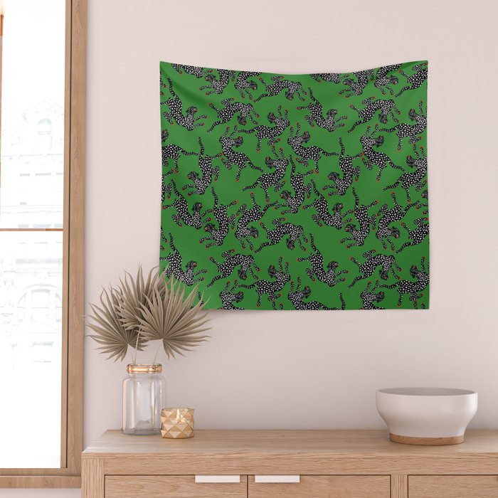 Leopards pattern art print on green background Wall Tapestry Gallery Image 2