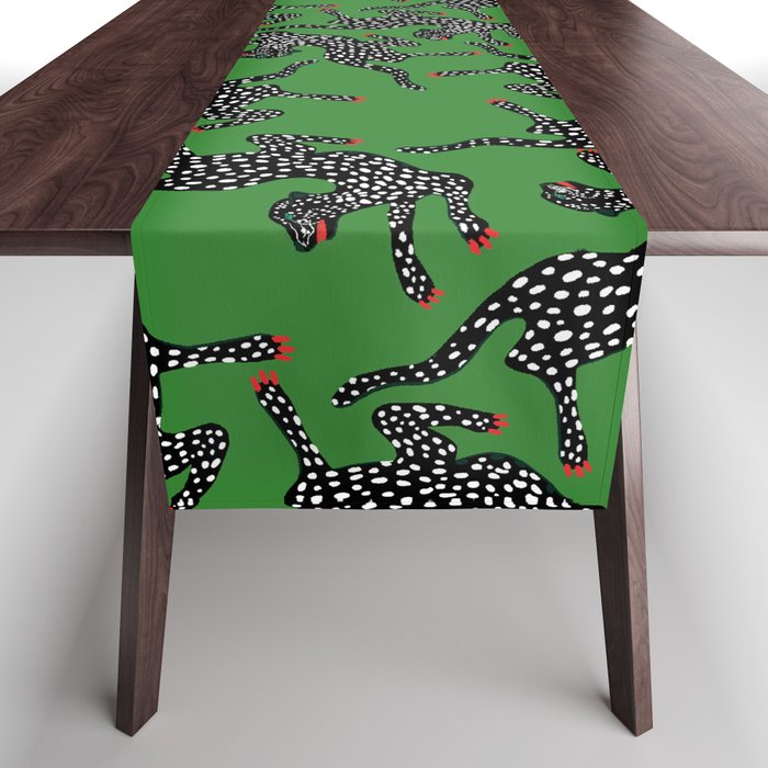 Leopards pattern art print on green background Table Runner Gallery Image 1