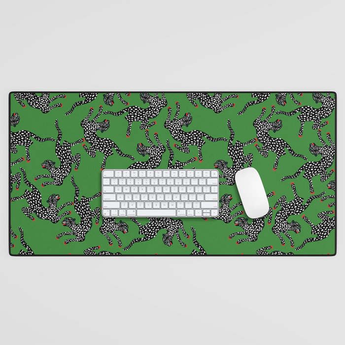 Leopards pattern art print on green background Desk Mat Gallery Image 1