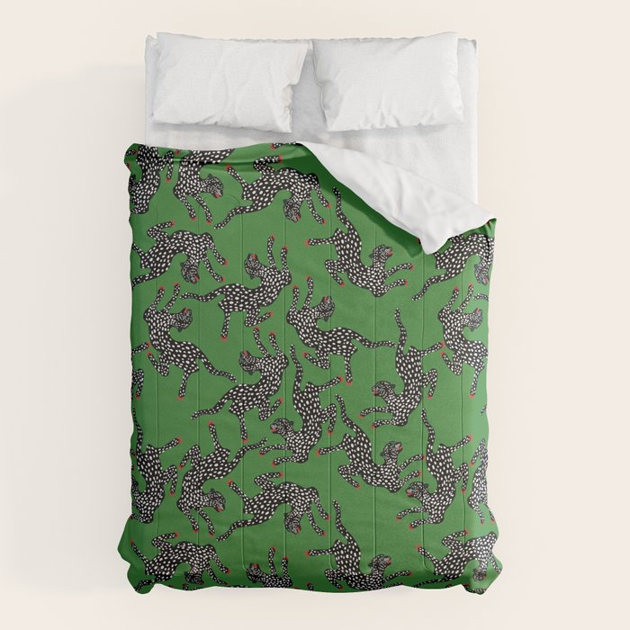 Leopards pattern art print on green background Comforter Gallery Image 1