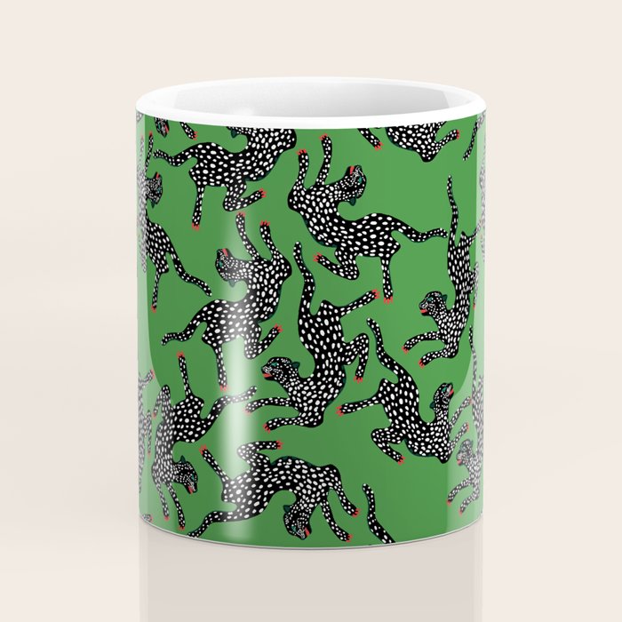 Leopards pattern art print on green background Coffee Mug Gallery Image 4