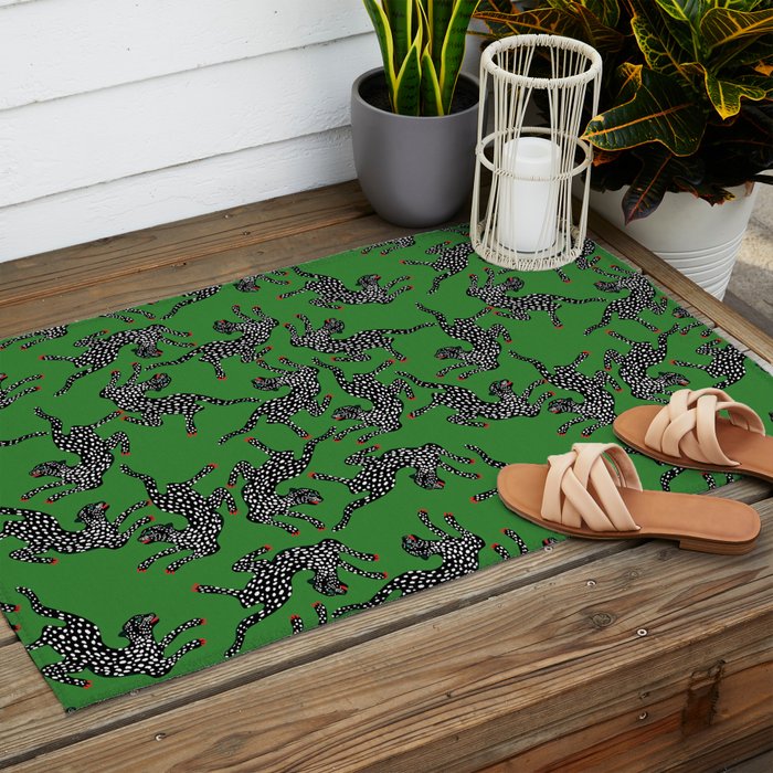 Leopards pattern art print on green background Outdoor Rug Gallery Image 2