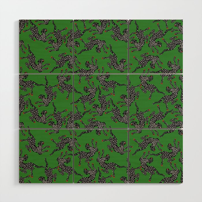 Leopards pattern art print on green background Wood Wall Art Gallery Image 1