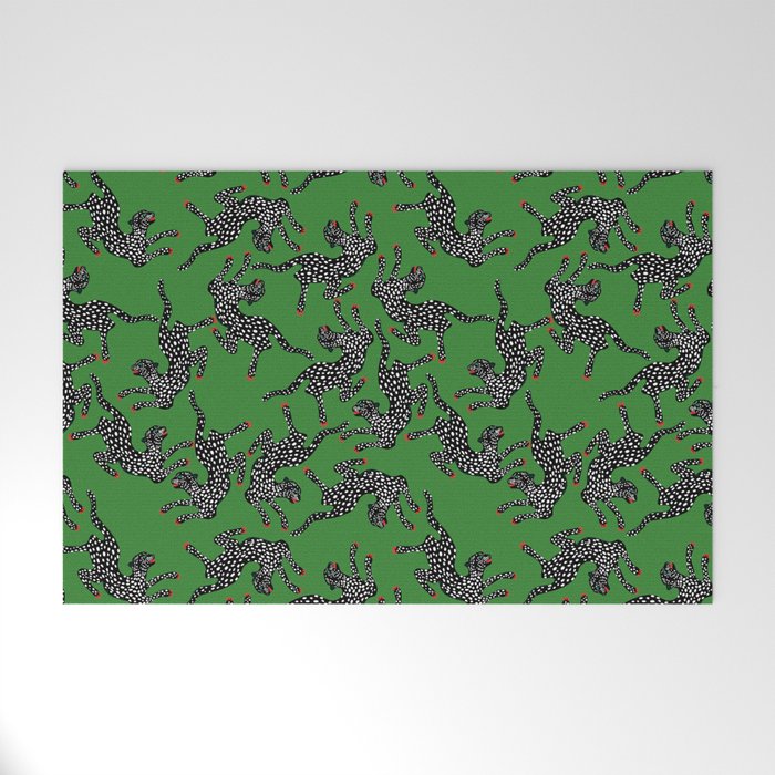 Leopards pattern art print on green background Welcome Mat Gallery Image 1