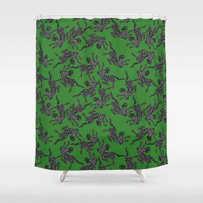 Leopards pattern art print on green background Shower Curtain Gallery Image 1