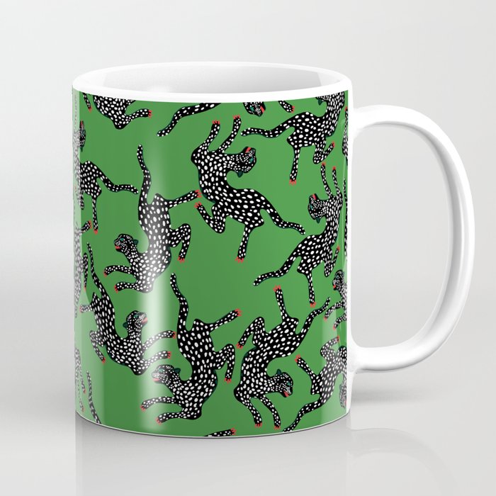 Leopards pattern art print on green background Coffee Mug Gallery Image 1