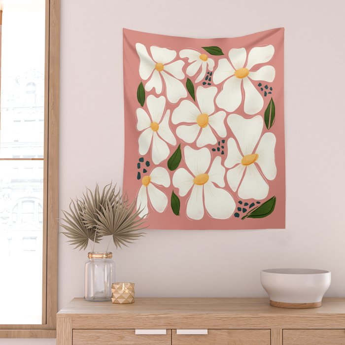White Daisies On Pink Wall Tapestry Gallery Image 2