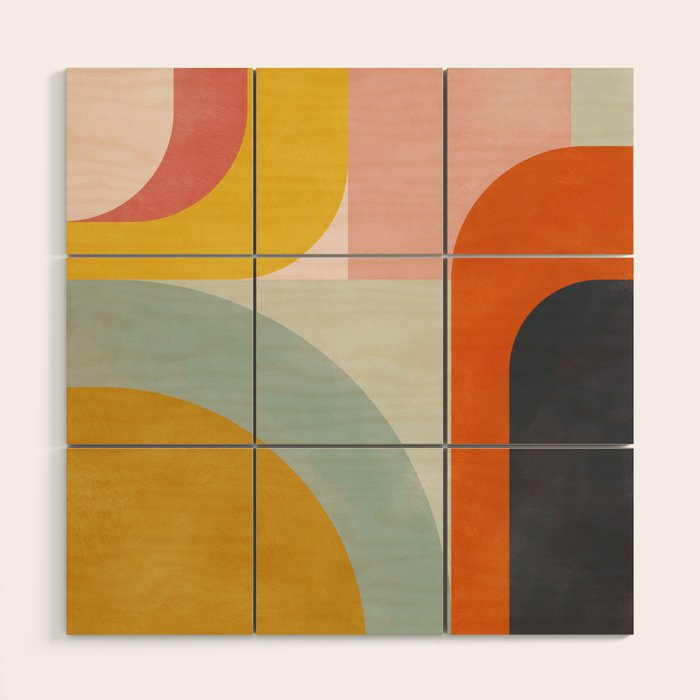 mid mod geometric shapes summer Wood Wall Art Gallery Image 1