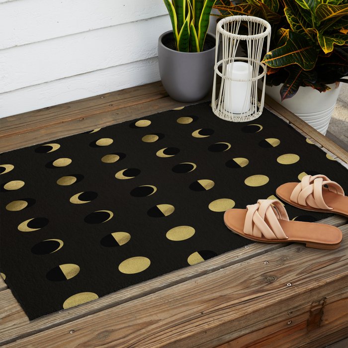 The Lunar Cycle â¢ Phases of the Moon - Black & Gold Palette Outdoor Rug Gallery Image 2