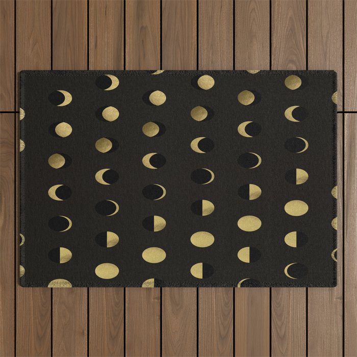 The Lunar Cycle â¢ Phases of the Moon - Black & Gold Palette Outdoor Rug Gallery Image 1
