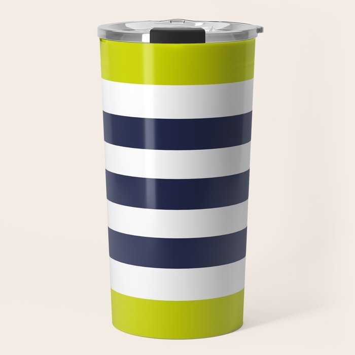 Modern Classy Navy Blue Lime Green STRIPES Travel Mug Gallery Image 1