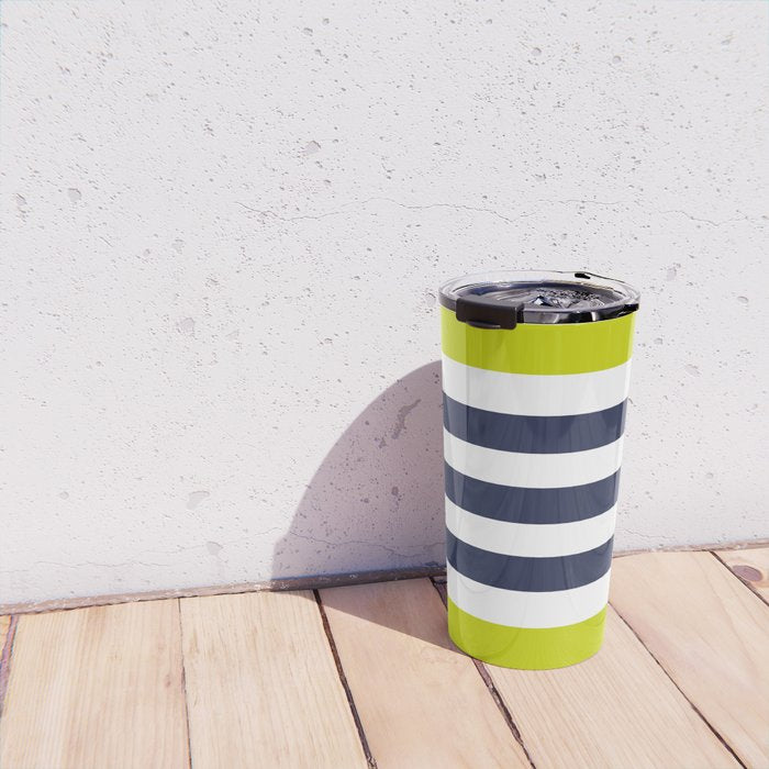 Modern Classy Navy Blue Lime Green STRIPES Travel Mug Gallery Image 4