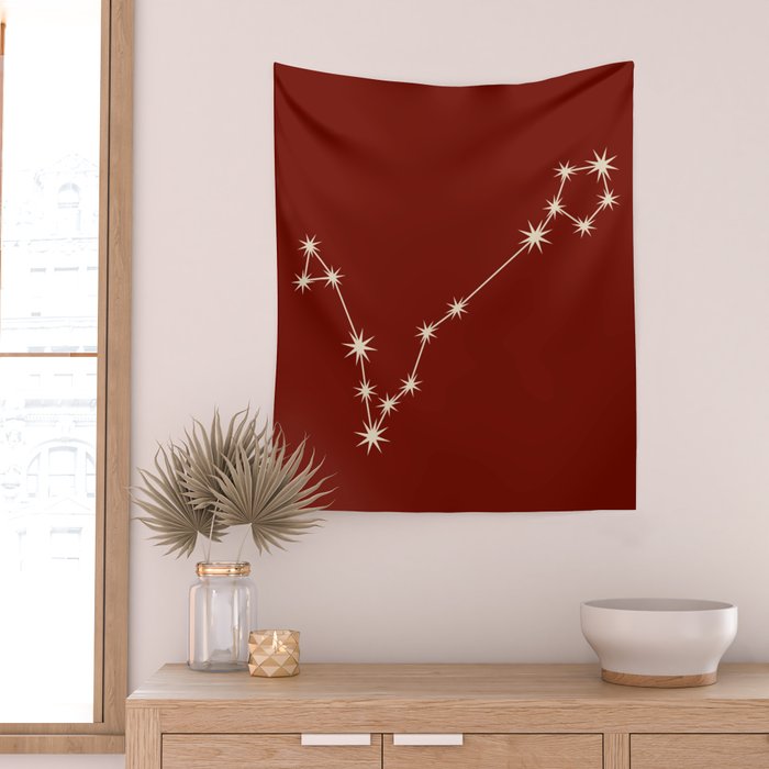 Pisces Zodiac Star Constellation Line Art Ruby Red Wall Tapestry Gallery Image 2