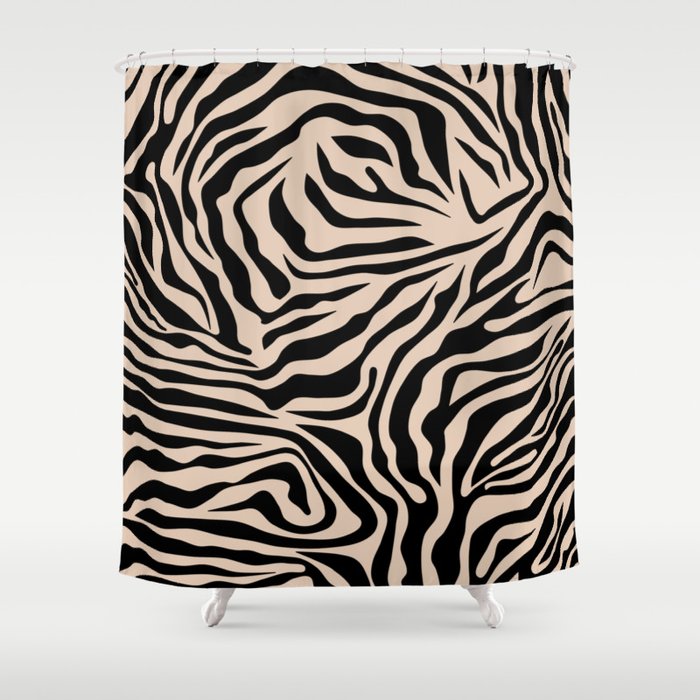Zebra Print Zebra Stripes Wild Animal Print Zebra Pattern Modern Black And Beige Tan Light Brown Shower Curtain Gallery Image 1