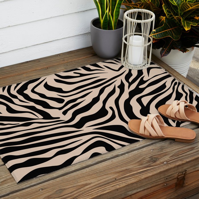 Zebra Print Zebra Stripes Wild Animal Print Zebra Pattern Modern Black And Beige Tan Light Brown Outdoor Rug Gallery Image 2