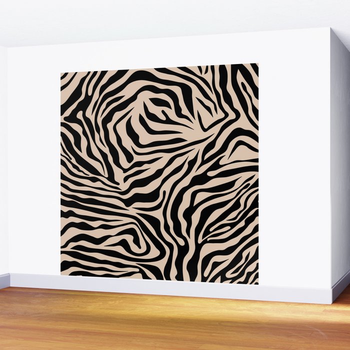 Zebra Print Zebra Stripes Wild Animal Print Zebra Pattern Modern Black And Beige Tan Light Brown Wall Mural Gallery Image 2
