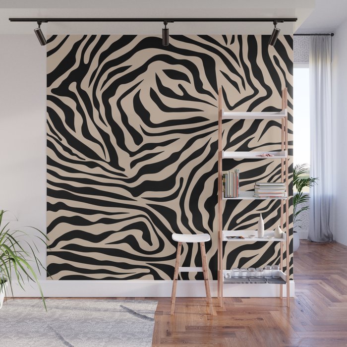 Zebra Print Zebra Stripes Wild Animal Print Zebra Pattern Modern Black And Beige Tan Light Brown Wall Mural Gallery Image 1