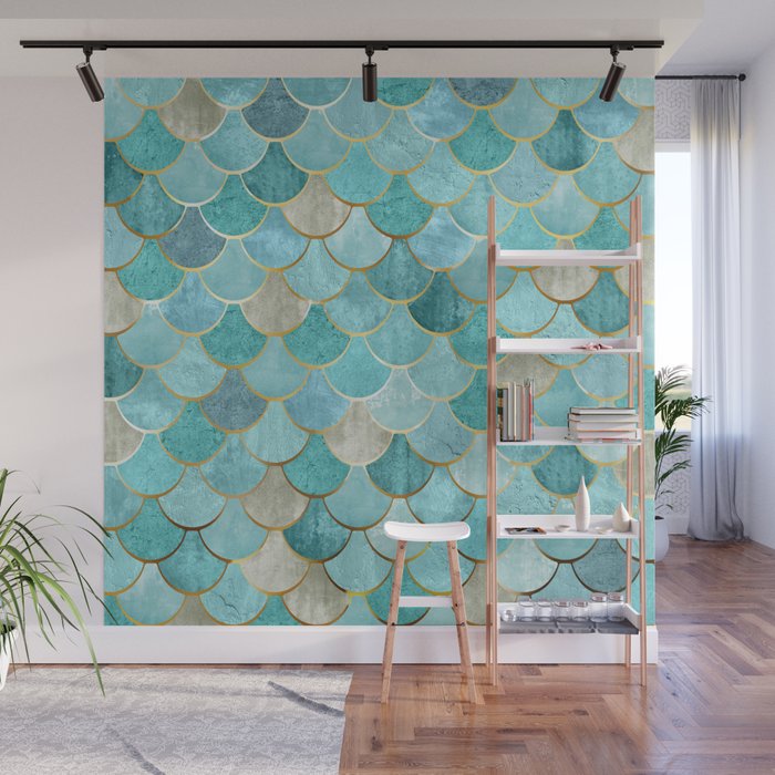Moroccan Mermaid Fish Scale Pattern, Aqua,Teal Wall Mural Gallery Image 1