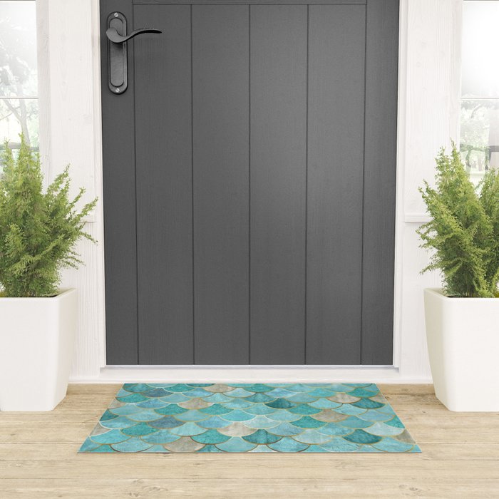 Moroccan Mermaid Fish Scale Pattern, Aqua,Teal Welcome Mat Gallery Image 3
