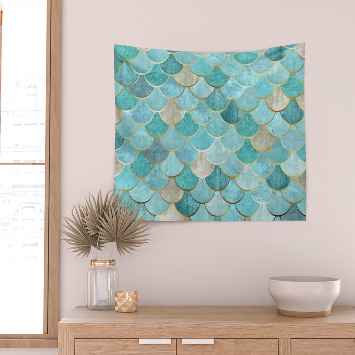 Moroccan Mermaid Fish Scale Pattern, Aqua,Teal Wall Tapestry Gallery Image 2