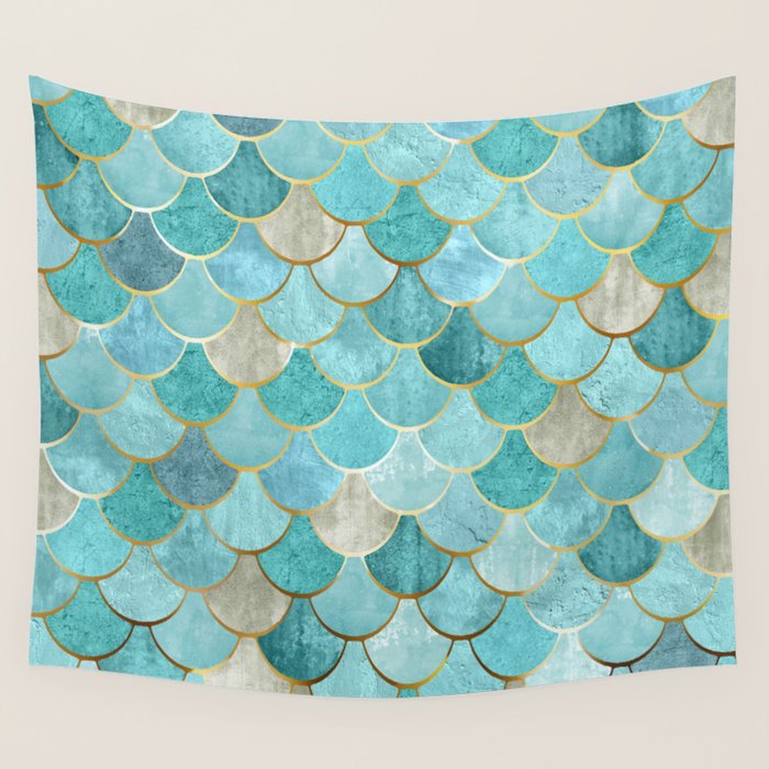 Moroccan Mermaid Fish Scale Pattern, Aqua,Teal Wall Tapestry Gallery Image 4