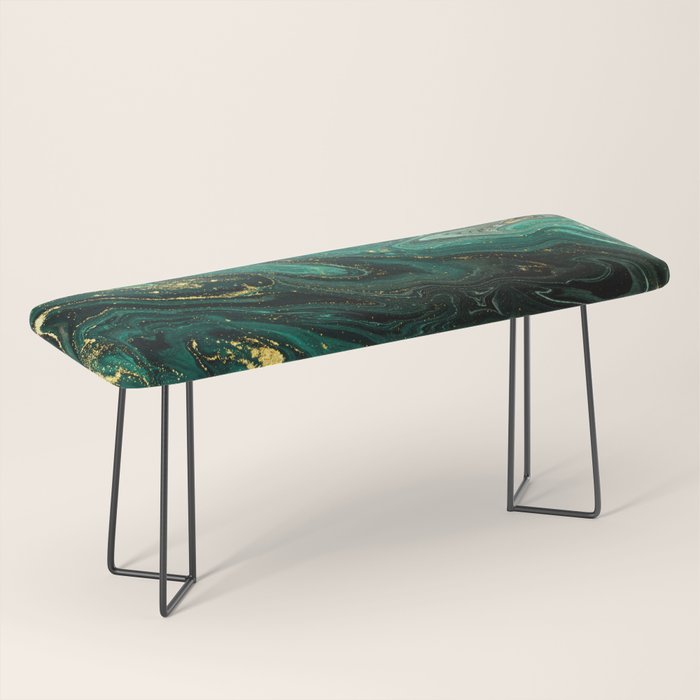Abstract Pour Painting Liquid Marble Dark Green Teal Painting Gold Accent Bench Gallery Image 1